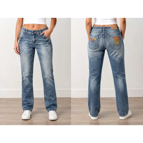 Kozan Denim - Kozan Medium Wash Straight Leg Jeans Distressed Streetwear Patches Blue 31x31